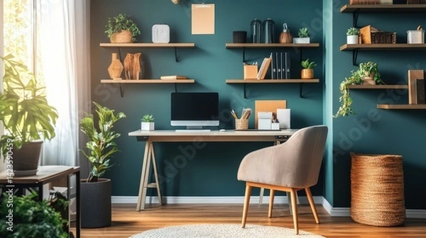 Fototapeta A large window allows natural light to flood the space, while a comfortable chair and soft lighting create a focused yet inviting atmosphere.