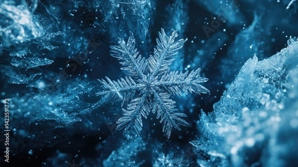 Fototapeta Advent Christmas background template with snowflakes and ice crystals