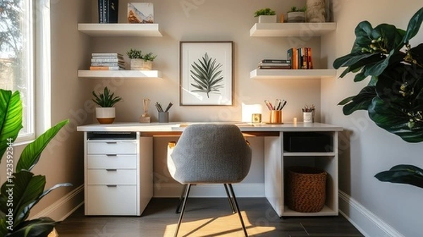 Fototapeta The modern study room features clean lines, a sleek desk, and built-in shelves filled with books and minimal decor. 