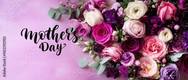 Obraz Elegant Mothers Day floral arrangement with roses and eucalyptus on a pink background, perfect for greeting cards and springtime celebrations