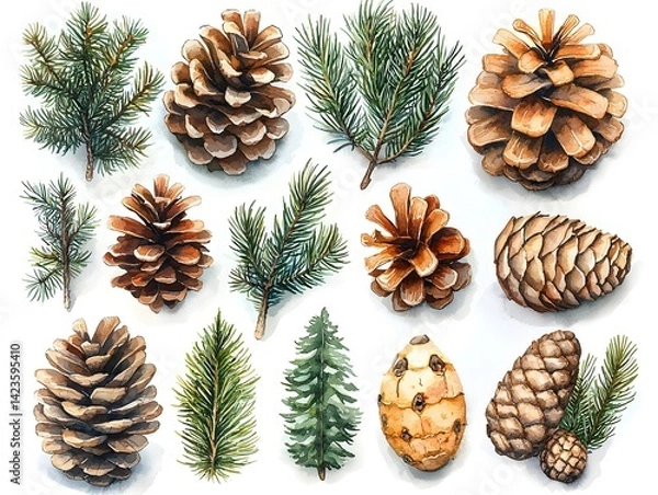 Fototapeta A collection of pine needles and cones in a watercolor inspired style
