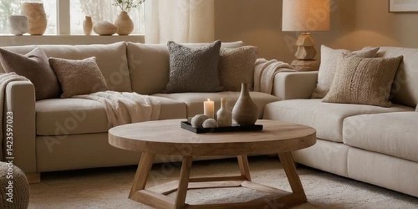 Fototapeta Calm interior with beige sofa,wooden coffee table and decorative elements