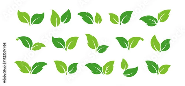 Fototapeta Leaf icon, green leaves tree, vegan plant nature, eco shape, garden or forest symbol, tea set. Spring foliage, organic sprout. Environment recycle on white background. Simple vector illustration