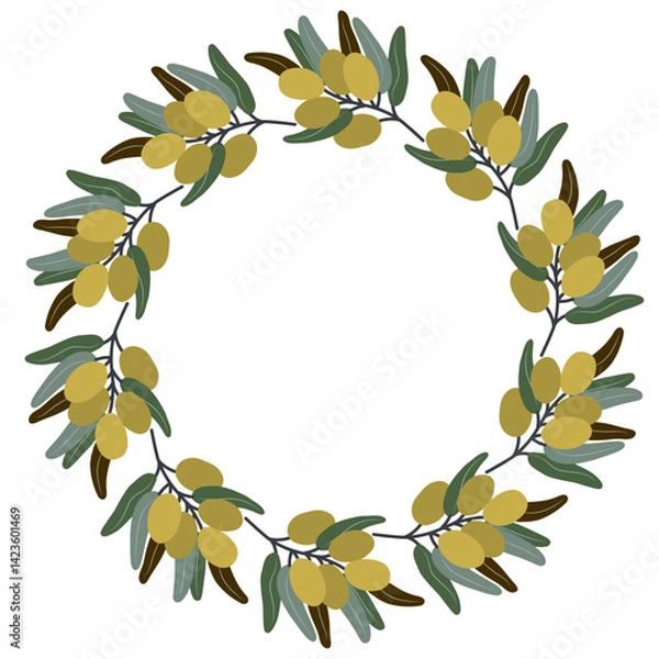 Fototapeta Hand-drawn olive wreath with green leaves and ripe olives in a circular botanical frame - perfect for Mediterranean food labels, invitations, organic branding, packaging, and natural product design.