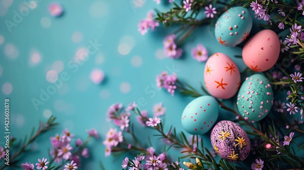 Fototapeta Beautiful Easter composition with decorated pastel eggs and delicate pink spring flowers on a blurred turquoise bokeh background. Holiday greeting card design.
