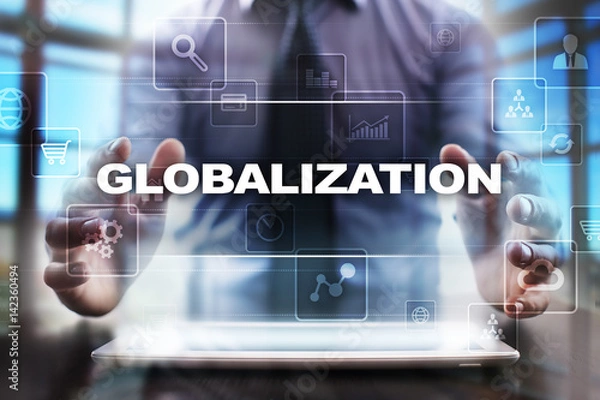 Fototapeta Businessman using tablet pc and selecting globalization.