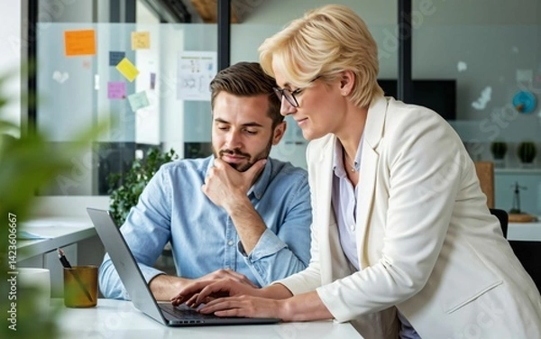 Obraz Blonde woman smiling while looking over the shoulder of a young man at a laptop screen in a bright office - a moment of teamwork, guidance, and learning in a collaborative business environment