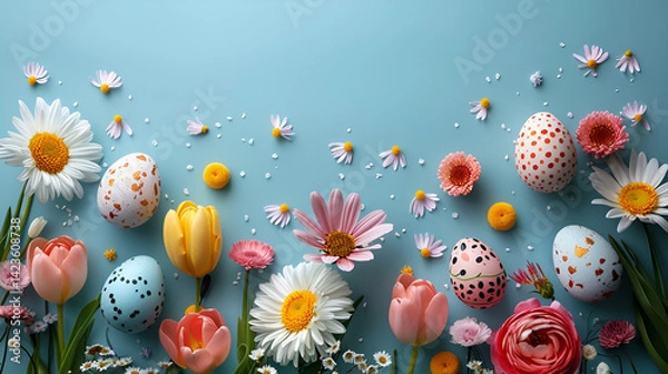 Fototapeta Easter flat lay background with colorful decorated eggs and fresh spring flowers like daisies and tulips arranged on a light blue textured surface. Top view.
