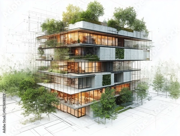 Fototapeta Modern eco-friendly house design merges architecture and nature with a green rooftop plan, emphasizing sustainability and a clean backdrop

