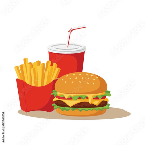 Fototapeta Stock vector illustration of a burger fries and drink fast food meal combo