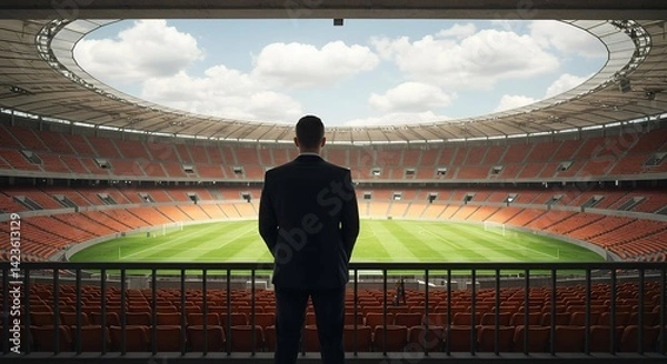 Obraz back view of an excited businessman standing with a far view to future planning, manager, owner