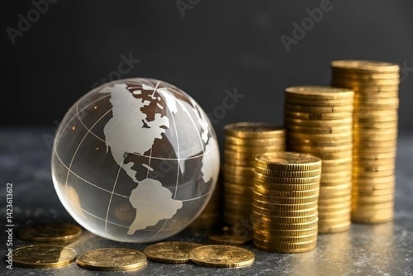 Obraz Transparent Globe and Gold Coins: A Visual Representation of Global Finance and Wealth