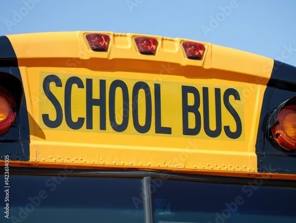 Obraz Closeup_of_a_Bright_Yellow_School_Bus_with_the_Word_School_Bus_Clearly_Visible_on_the_Top._A_Striking_View_of_the_School_Bus_Exterior,_Perfect_for_Transportation_Enthusiasts_and_Educational_Purposes.