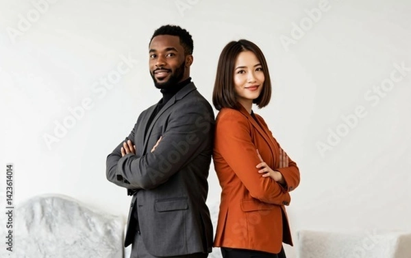 Obraz Powerful image of a young smiling Asian woman in an orange blazer and a young smiling African man in a grey suit, standing back to back with arms crossed and looking at the lens in a white studio - a 