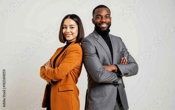Obraz Confident young Asian woman and young African man business team standing back to back with arms crossed and smiling at the camera against a white background - a portrait symbolizing diversity, collabo