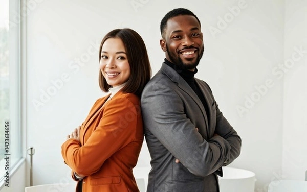 Obraz Confident young Asian woman and young African man business team standing back to back with arms crossed and smiling at the camera against a white background - a portrait symbolizing diversity, collabo