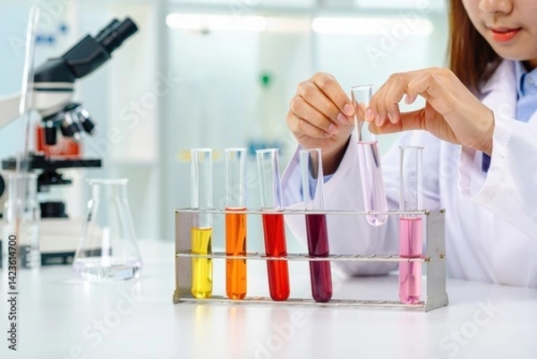 Obraz Colorful_Test_Tubes_in_a_Science_Lab:_A_Colorful_Chemical_Experiment_in_Progress