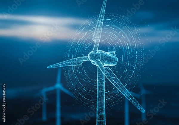 Fototapeta Wind turbine on blue background in the form of a digital hologram