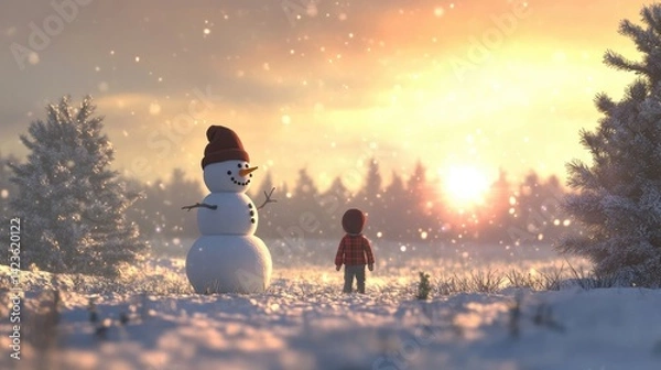 Fototapeta Animation of a snowman and child standing in a field with Christmas trees in the background
