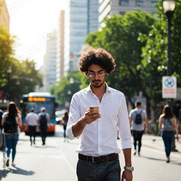 Fototapeta A man is walking down a busy street with a cell phone in his hand
