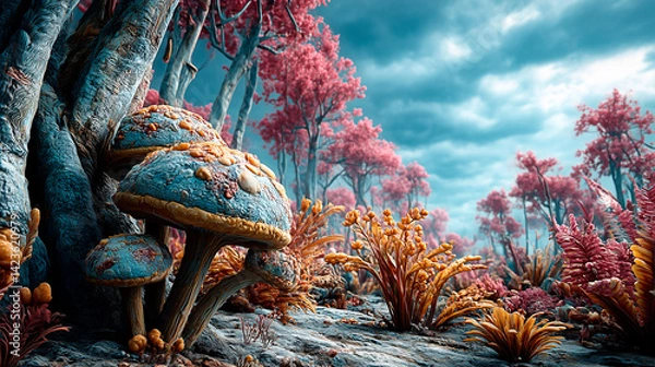 Fototapeta 3D Alien Forest Landscape with Giant Mushrooms and Colorful Surreal Foliage