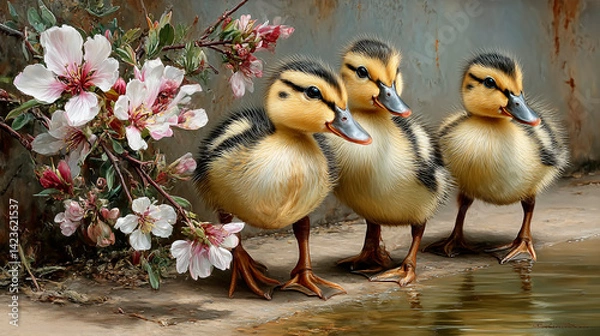 Fototapeta Three Ducklings in Spring Blooms - High-Resolution Detailed Painting