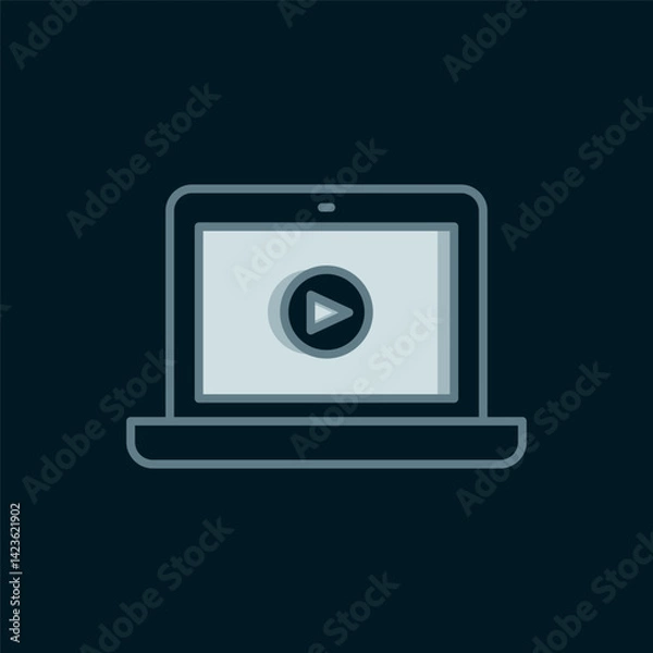 Obraz Line Online play video icon isolated on black background. Laptop and film strip with play sign. Flat filled outline style with shadow. Vector