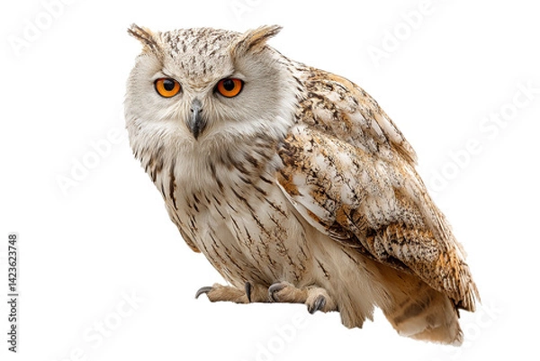 Obraz wise old owl perched on a weathered wooden fence post, piercing yellow eyes, nocturnal, centered composition, clean 