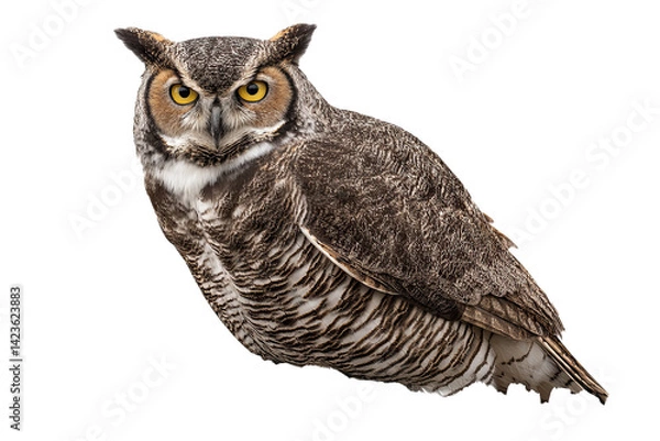 Obraz wise old owl perched on a weathered wooden fence post, piercing yellow eyes, nocturnal, centered composition, clean 