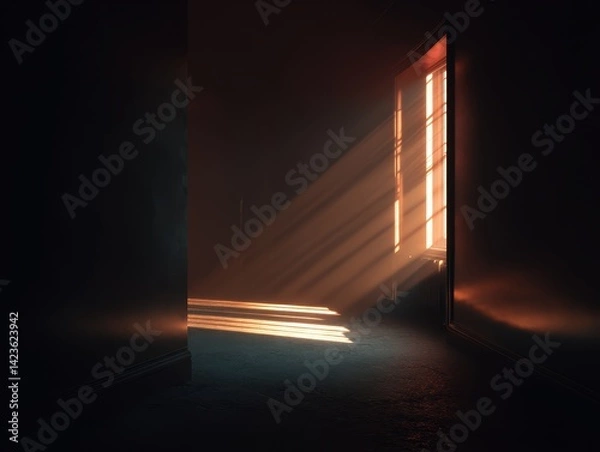 Fototapeta Illuminated Room: A window casts radiant light across the dark room,creating a moody and atmospheric scene.