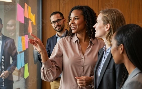 Obraz Vibrant brainstorming session in a bright office with a young African woman sharing ideas by sticking sticky notes on a glass board, while a diverse business team listens intently