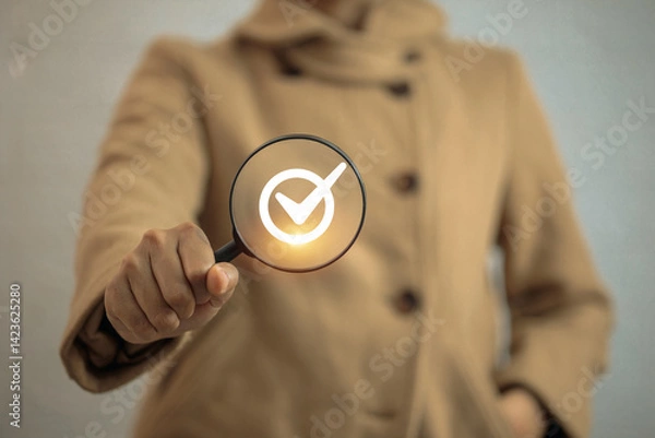 Obraz A person in a brown coat is holding a magnifying glass with a glowing checkmark icon inside, symbolizing validation or inspection.