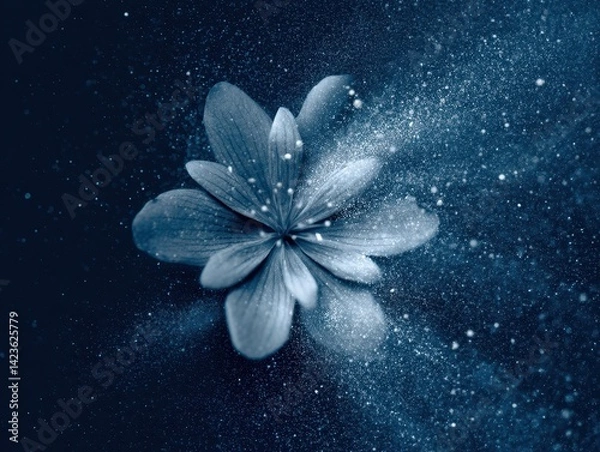 Obraz Monochromatic flower with dust particles, creating a soft, dreamy, and magical aesthetic. Blue color palette adds to the calming effect.