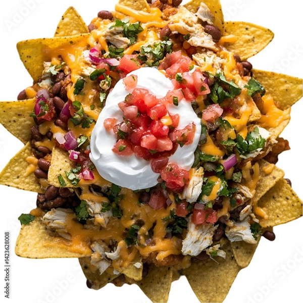 Obraz Delicious nachos topped with cheese tomatoes and green onions in a bowl
