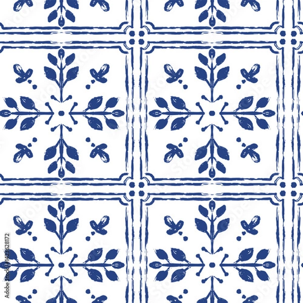 Fototapeta A vector hand-drawn Italian style ornament pattern. Symmetrical floral and abstract motifs, and a rustic Mediterranean charm. Perfect for use in textile design, home decor, wallpaper, packaging. 