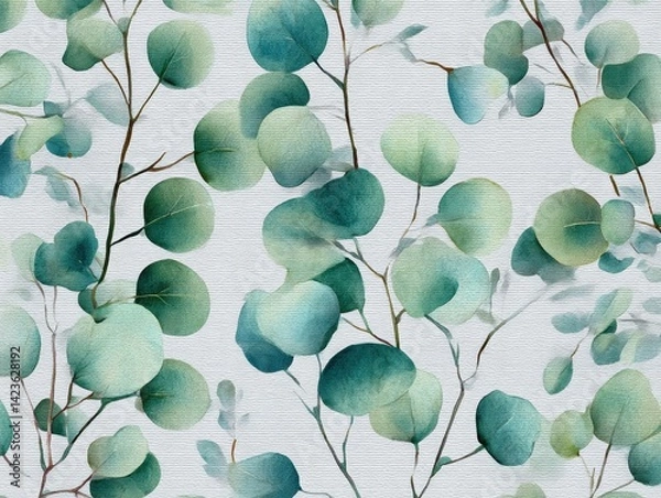 Fototapeta Watercolor painting of round leaves on branches in various shades of green and teal on a light background.