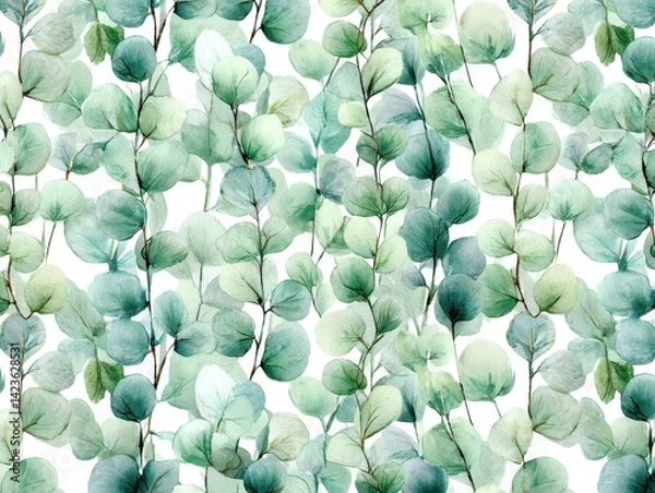 Fototapeta Watercolor illustration showcases a seamless pattern of delicate green leaves, creating a serene and natural design against a white backdrop.