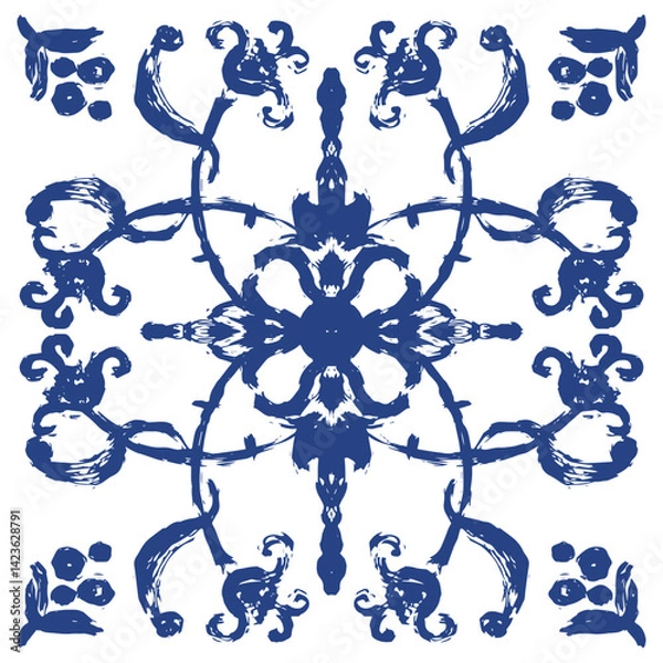 Fototapeta A vector hand-drawn Italian style ornament pattern. Symmetrical floral and abstract motifs, and a rustic Mediterranean charm. Perfect for use in textile design, home decor, wallpaper, packaging. 