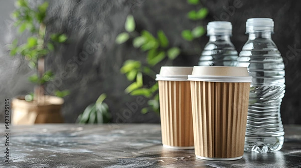 Fototapeta Takeaway paper coffee cups and a water bottle on a dark table, with blurred green foliage background. Coffee break, refreshment, or takeout beverage concept.
