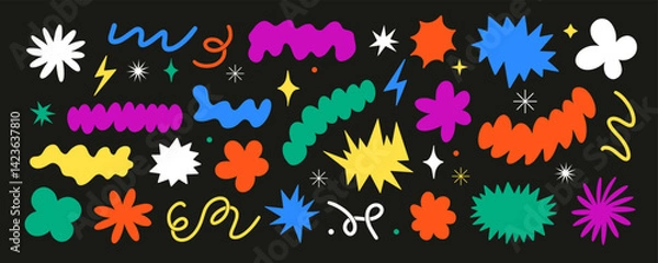 Fototapeta Abstract elements set. Star, flower, cloud shapes sticker pack. Groovy funky flower, bubble, star, loop, waves. Trendy retro 90s 00s cartoon style. Vector illustration	