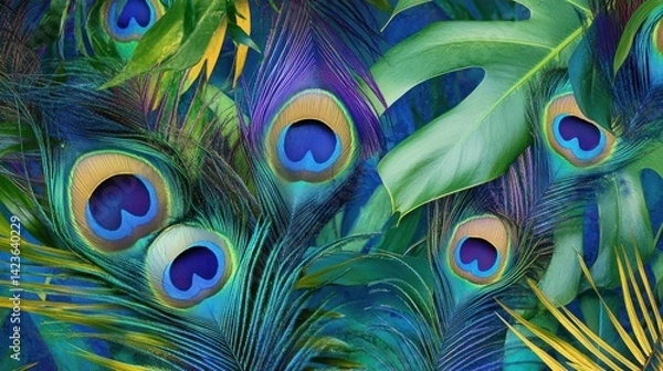 Fototapeta Vibrant peacock feathers and tropical leaves create a lush, exotic backdrop.