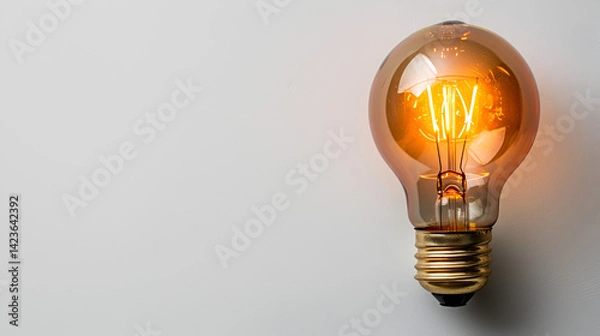 Fototapeta Side view close-up of a glowing vintage Edison filament lightbulb against a plain light grey background, symbolizing idea, inspiration, and retro illumination.
