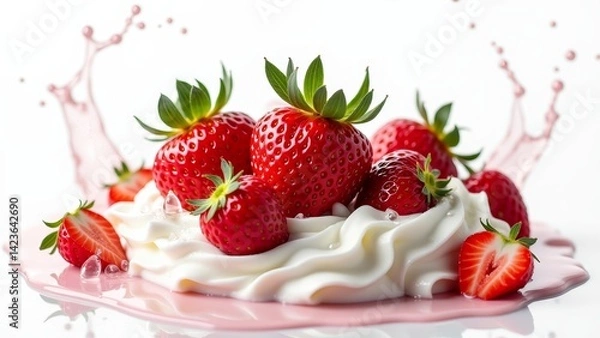 Fototapeta Ripe Strawberries With Cream Splash