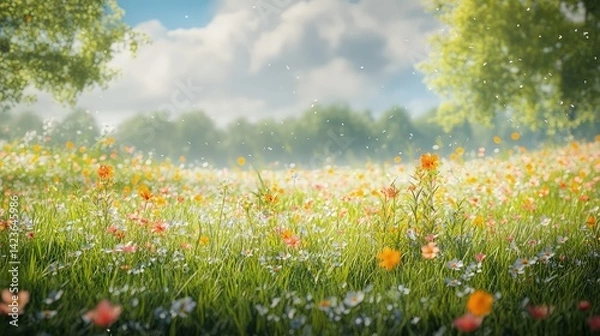 Fototapeta A vast field stretches out, bursting with a vibrant tapestry of wildflowers in every shade of the rainbow.