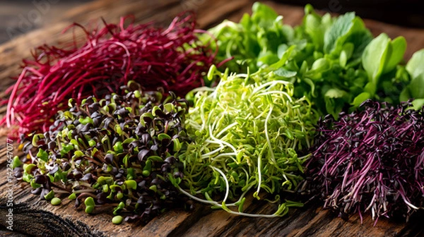 Fototapeta Microgreens of different varieties on a wooden table, selective focus.
