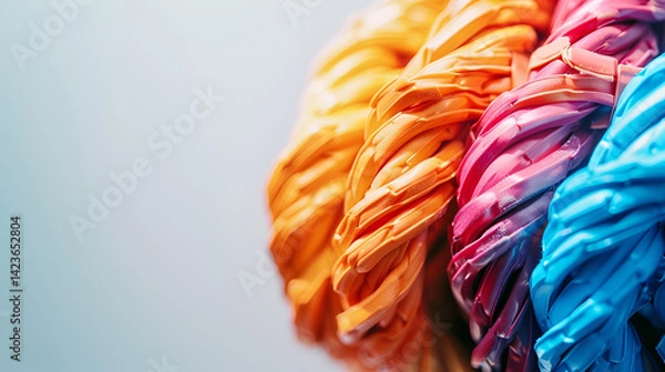 Fototapeta Macro close-up texture of colorful twisted threads, possibly yarn or rope, showcasing vibrant orange, pink, and yellow fibers against a soft blurred background.
