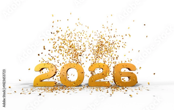 Fototapeta golden text 2026 with golden confetti on transparent background - 3D rendering