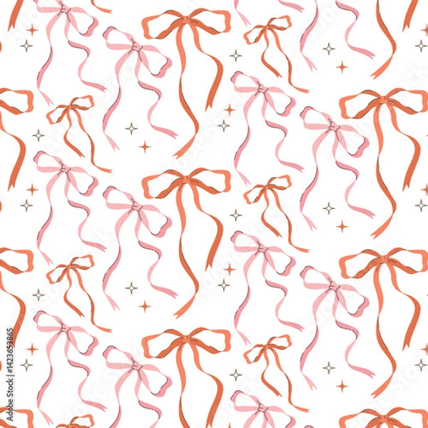 Fototapeta Seamless pattern with pink and red ribbon bows and sparkles. Cute and festive design for wrapping paper, Valentine's Day, baby girl themes, or textile prints.