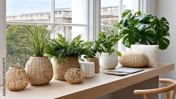 Fototapeta Scandinavian Style Workspace Design with Plants and Wooden Elements