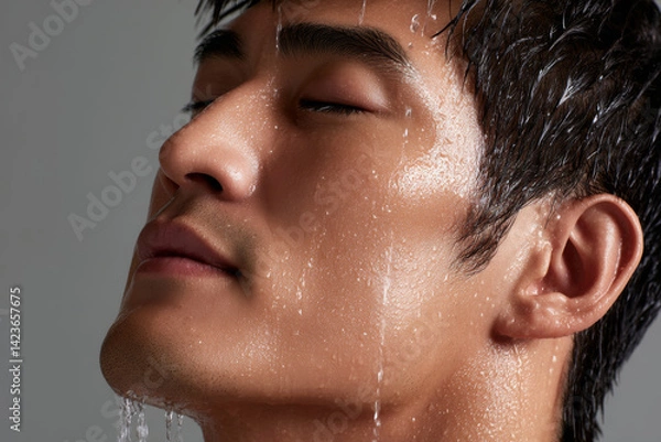 Obraz Close up portrait of young man with wet skin, eyes closed